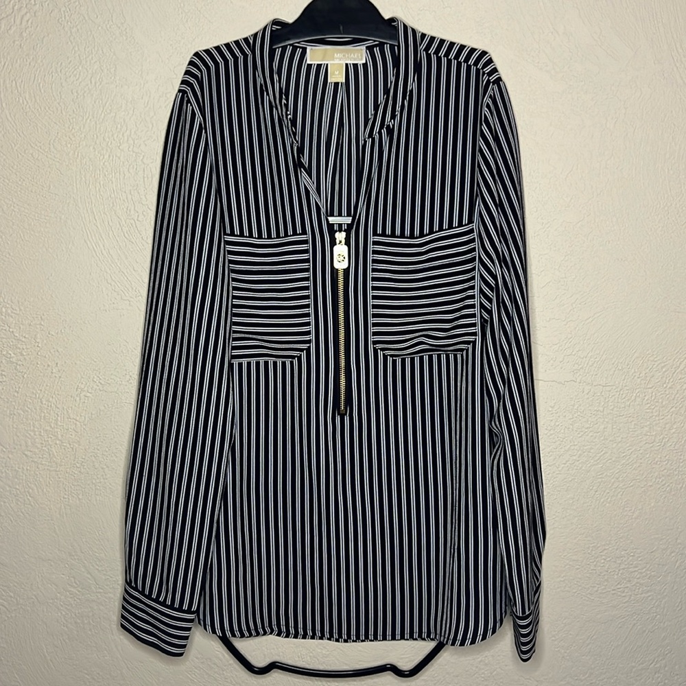 Michael Kors Black/White Striped Long Sleeve Blouse with Gold Front-half zipper